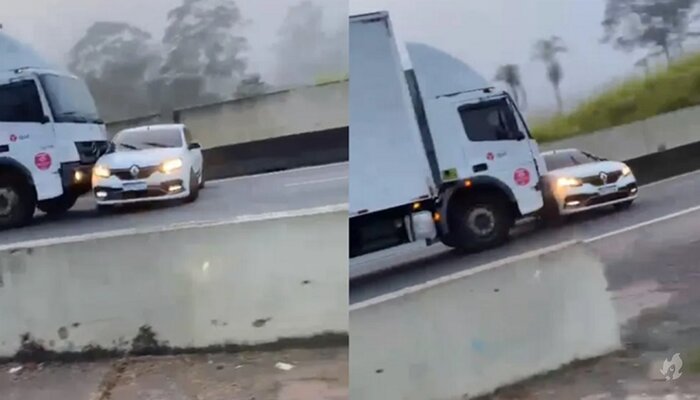 Caminhoneiro arrasta carro de bandido em rodovia de SP; vídeo